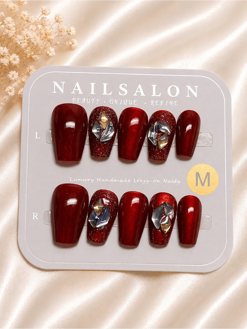 Handmade Ruby Red Rhinestone Press-On Nails size medium
